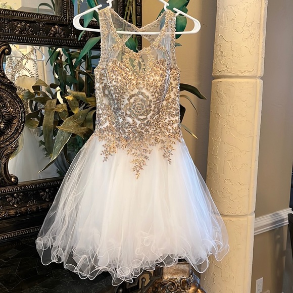 Fiesta Fashion Dresses & Skirts - Exquisite White Gold Beaded Tulle Short Dress Prom Homecoming Size XS